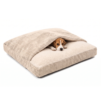 Kuschelhöhle für Hunde mit Decke „Cozy Cave“ – Cord &amp; Teddy-Fleece, abnehmbarer Bezug, M–XL