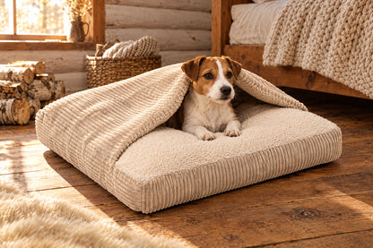 Kuschelhöhle für Hunde mit Decke „Cozy Cave“ – Cord &amp; Teddy-Fleece, abnehmbarer Bezug, M–XL