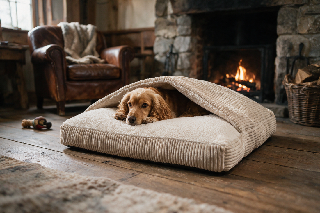 Kuschelhöhle für Hunde mit Decke „Cozy Cave“ – Cord &amp; Teddy-Fleece, abnehmbarer Bezug, M–XL