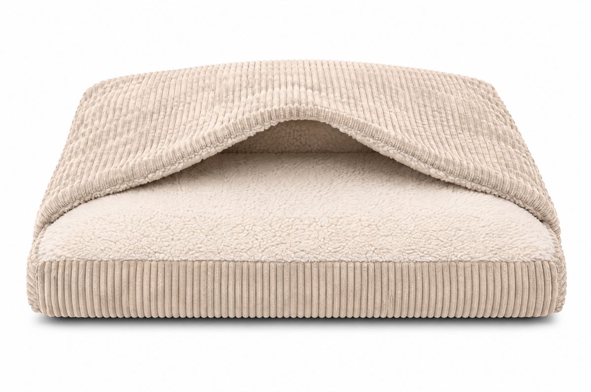 Kuschelhöhle für Hunde mit Decke „Cozy Cave“ – Cord &amp; Teddy-Fleece, abnehmbarer Bezug, M–XL