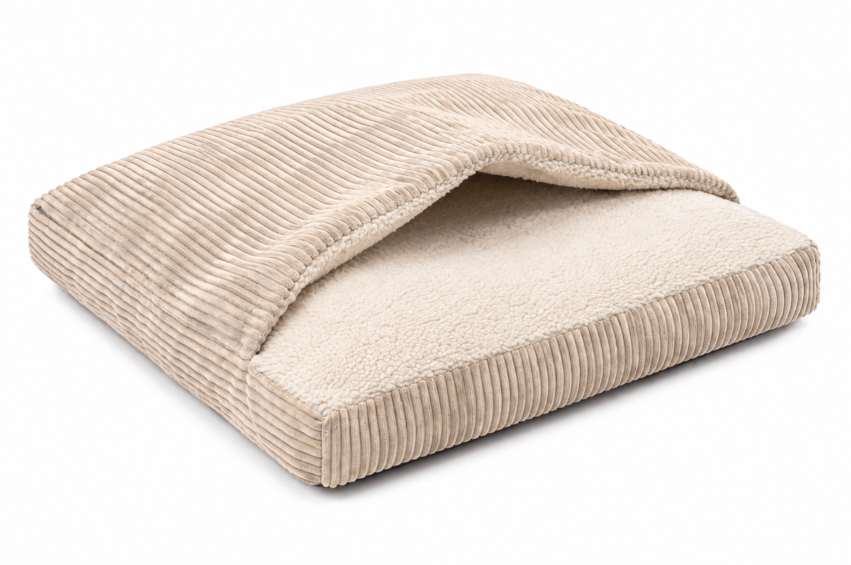 Kuschelhöhle für Hunde mit Decke „Cozy Cave“ – Cord &amp; Teddy-Fleece, abnehmbarer Bezug, M–XL